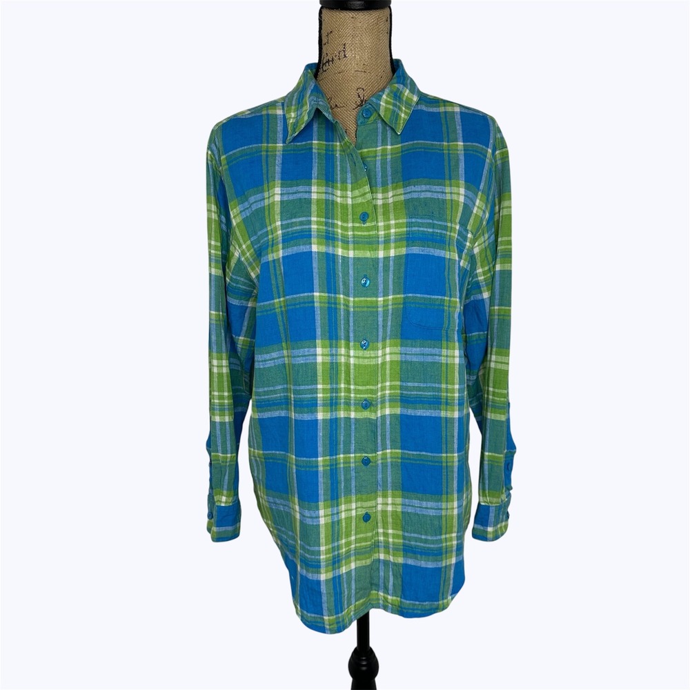 Westbound 100% Linen Button‎ Up Shirt Blue Green Plaid Long Sleeve Coastal Sz L